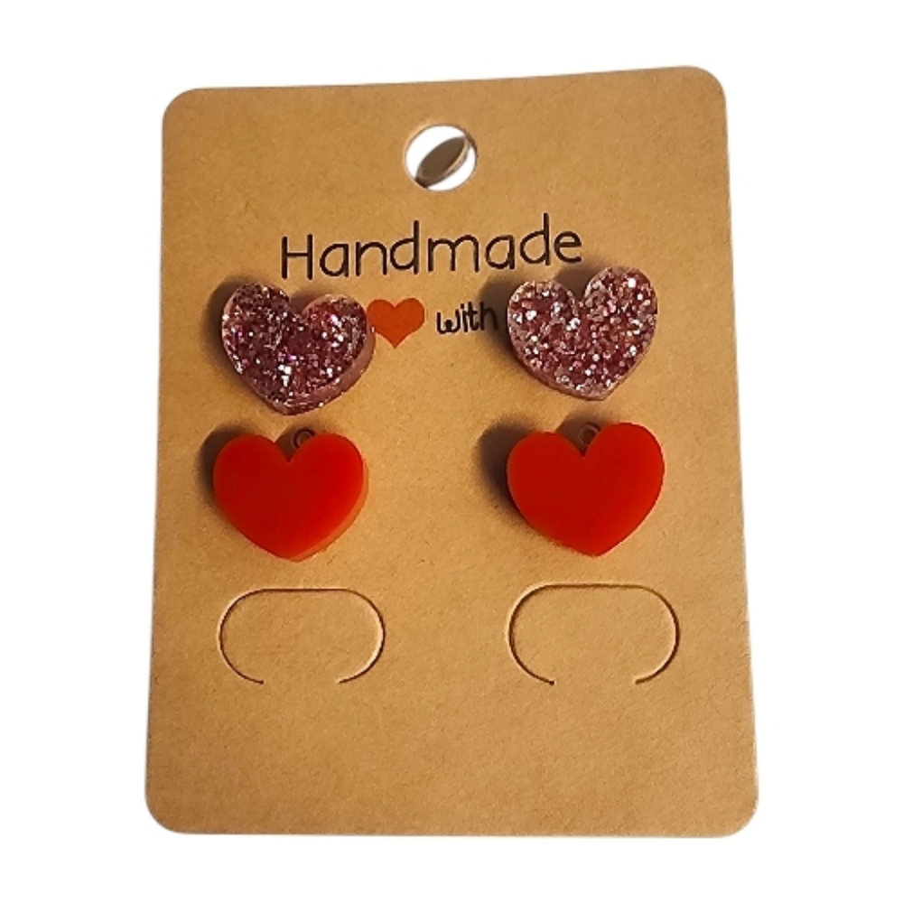 Ruby Blush Sparkle Heart Acrylic Stud Earrings - 2 Pair